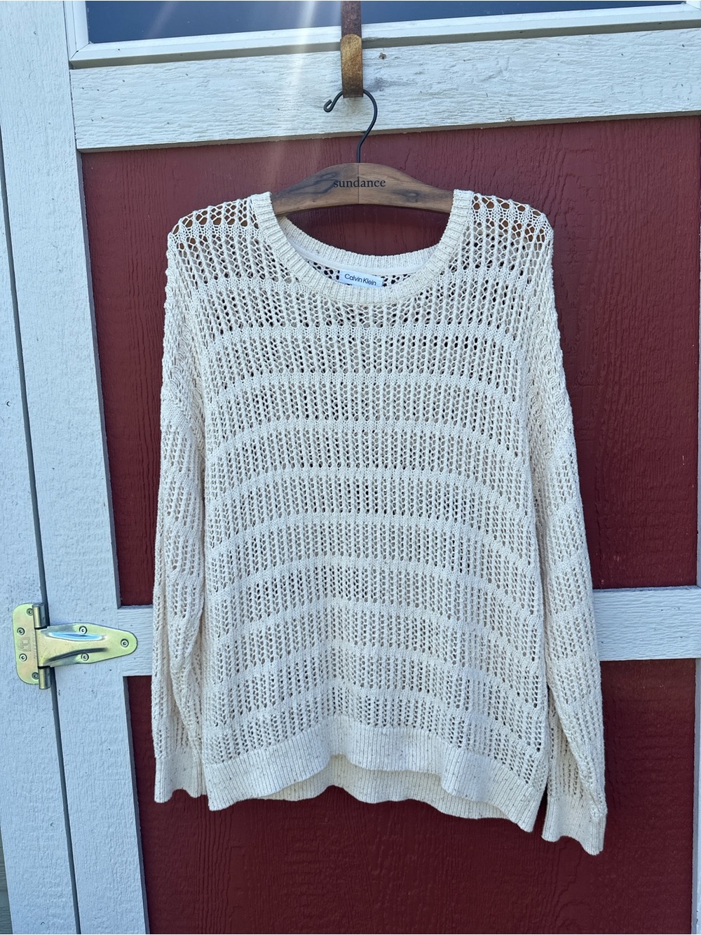 Calvin Klein Open-Weave Scoop Neck Sweater in Cream